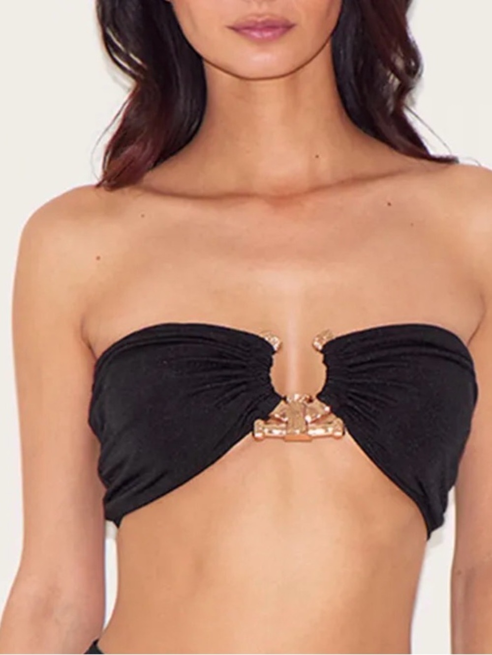 NWT PrettyLittleThing Black Hammered Strapless Bandeau Bikini Top & Gold Hardwar